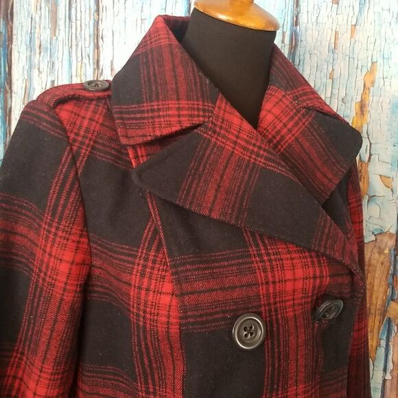 𝅺OLD Navy Wool Pea Coat Red and Navy Plaid - Picture 4 of 12